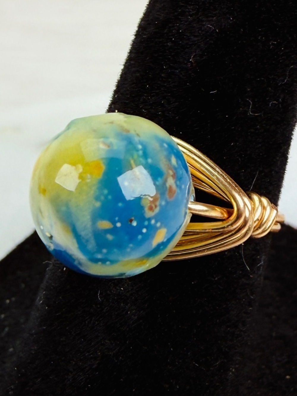 Blue Yellow Round Accent Gold Tone Wire Wrapped Ring Size 5.5 Boho Jewelry
